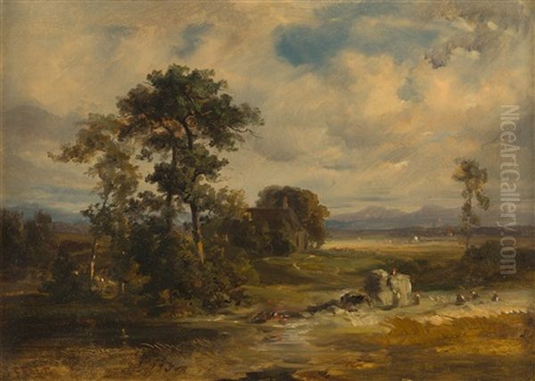Voralpenlandschaft Mit Bauern Bei Der Ernte - view 1