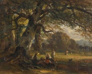 Rastende Bauernfamlie Unter Einem Grossen Baum