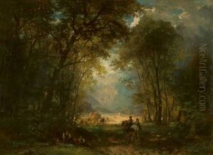 Blick Aus Dem Wald Auf Bauern Bei Der Ernte by Carl Ebert
