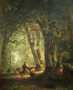 Buchenwald Mit Schafherde. Die Sonne Durchdringt Das Dichte Blattwerk Und Lasst Einen Hirten Mit Seiner Herde Im Licht Erscheinen by Carl Ebert