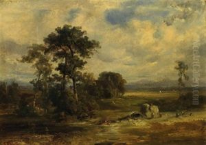 Landschaftsstudie Mit Bauern Bei Der Ernte by Carl Ebert