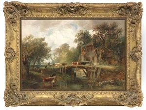 Flusslandschaft Mit Muhle. Ein Hirte Treibt Seine Herde Uber Einen Steg