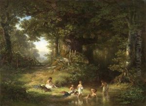 Waldlandschaft Mit Badenden Kindern