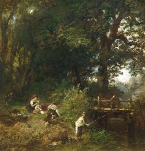 Spielende Und Angelnde Kinder Am Waldbach by Carl Ebert