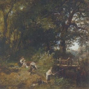 Waldlandschaft Mit Kindern Beim Angeln Waldlandschaft Mit Kindern Beim Angeln