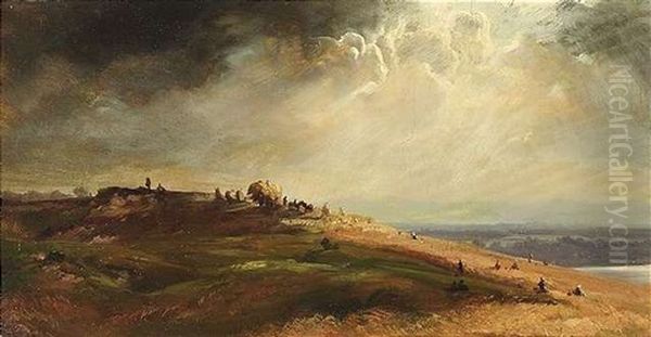 Blick In Eine Weite Landschaft Mit Erntenden Bauern Unter Bewolkten Himmel - view 1