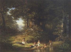 Waldlandschaft Mit Badenden Kindern Am Wasser Waldlandschaft Mit Badenden Kindern Am Wasser