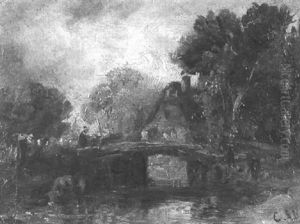 Bewaldete Flusslandschaft Mit Brucke Und Bauernhaus by Carl Ebert