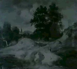 Hugellandschaft Mit Baumgruppeund Reisigsammlerin, Im       Hintergrund Ein Kirchdorf by Carl Ebert