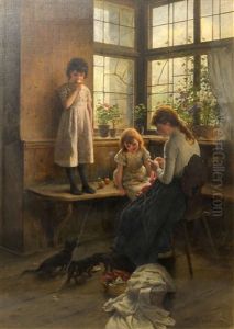 A Mother And Three Children, Feeding The Dachshunds by Adolf Echtler