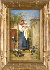 Bretonische Mutter Mit Ihrem Kind Am Gartentor, Einen Schwarm Tauben Beobachtend