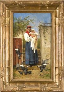 Bretonische Mutter Mit Ihrem Kind Am Gartentor, Einen Schwarm Tauben Beobachtend Bretonische Mutter Mit Ihrem Kind Am Gartentor, Einen Schwarm Tauben Beobachtend