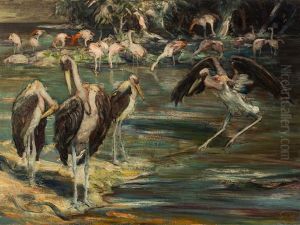 Riverside With Flamingos And Marabous