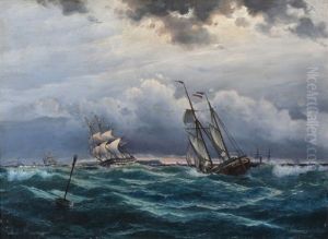 Seascape With Dutch Sailing Ships In Rough Seas by Christian Eckardt