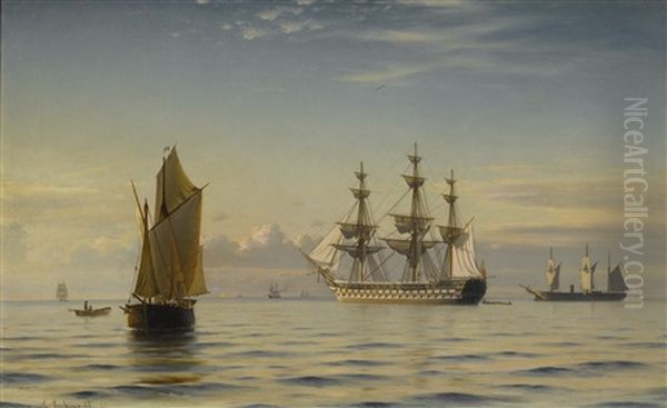 A Frigate And Other Ships On A Calm Sea - view 1