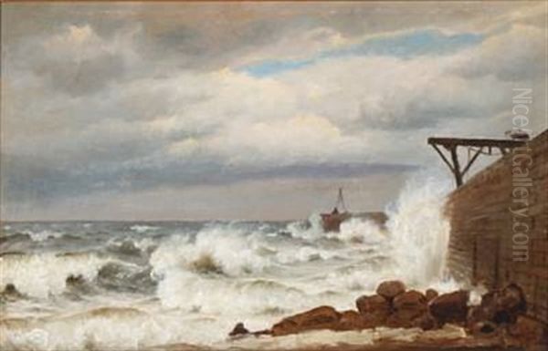Coastal Scene With Waves Breaking Against A Pier - view 1