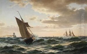 Seascape With Sailing Ships. The Sun Breaks Through The Clouds