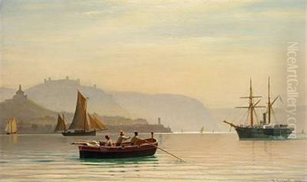 Coastal Scene With Sailing Ships And A Fishing Boat With Three Men In The Foreground - view 1