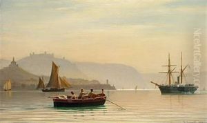 Coastal Scene With Sailing Ships And A Fishing Boat With Three Men In The Foreground Coastal Scene With Sailing Ships And A Fishing Boat With Three Men In The Foreground