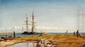 Kystparti Med Sejlskibe I En Havn, I Forgrunden Ordner Fiskere Deres Net by Christian Eckardt