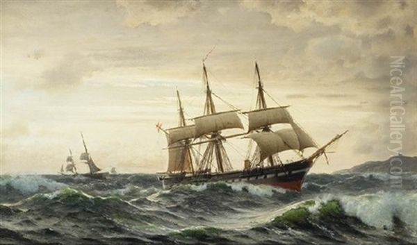 Marine Med Tremastet Sejlskib Med Dansk Flag, Hoj So, I Baggrunden Andre Sejlskibe Og Klippekyst - view 1