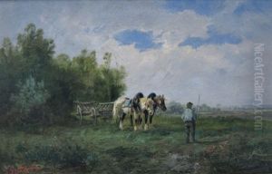 Ekart_g. En Bonde Holder Hvil, Ved Hans Side To Heste Forspaendt Vogn by Christian Eckardt