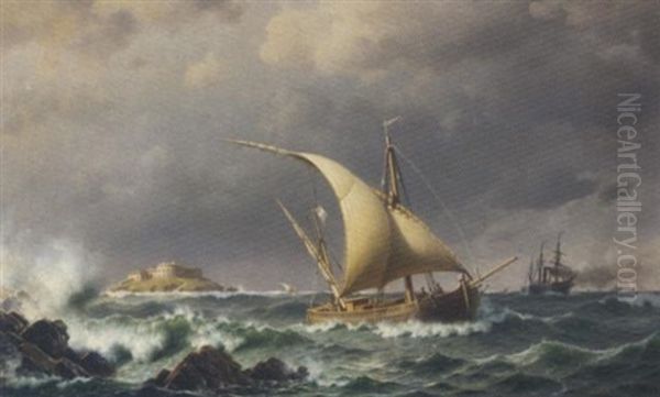Latvian Coastal Craft And A Paddle Steamer In The Bay Of Riga, With A Fortified Island Beyond - view 1