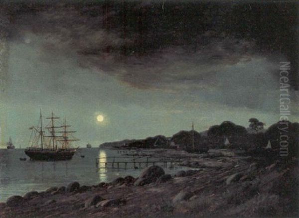 Manebelyst Kystparti Med Sejlskibe Pa Havet - view 1