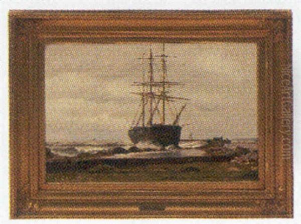 Marine Med Sejlskib Taet Under Land, Pa Bredden Personer Der Ser Pa - view 1