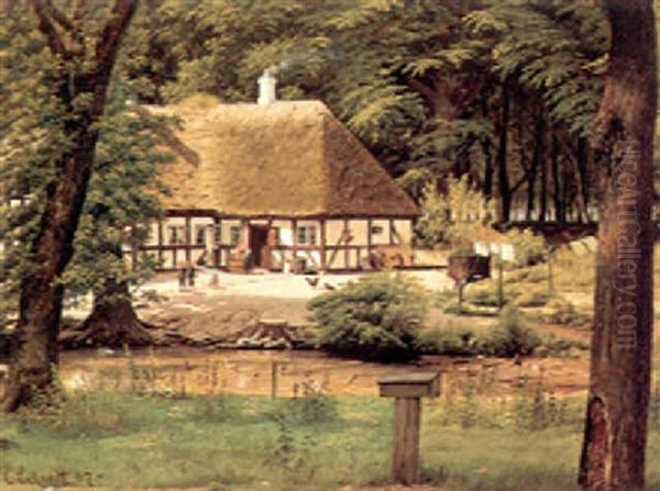 Sommedag Med Moder Og To Born Ved Et Bondehus - view 1