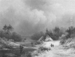 Weite Schneebedeckte Winterlandschaft Mit Figurenstaffage