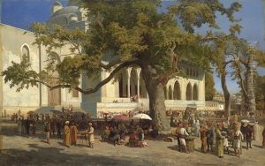 A Busy Market In The Courtyard Of The New Mosque, Istanbul by Karl Paul Themistocles von Eckenbrecher