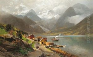 Am Fjorlandsfjord, Ruckseitig Etikett Der Grosen Berliner Kunstausstellung