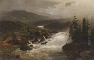 Tosender Wasserfall Im Norwegischen Hochland. Am Ufer Ein Sagewerk