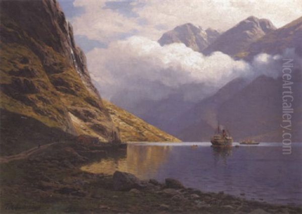 Am Naerofjord Bei Gudvangen. Norsk Fjordlandskab Med Damper - view 1