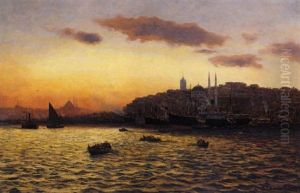 Boats Passing The Waterfront Of Karakoy Below The Galata Tower, Constantinople