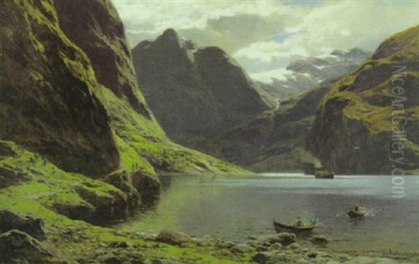 Norwegischer Fjord Mit Ruderern Am Ufer - view 1
