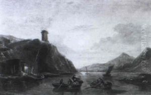 Fluslandschaft Mit Fischerbooten Im Mondschein by Karl Paul Themistocles von Eckenbrecher