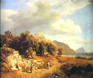 Figures By A Fountain In A Coastal Landscape