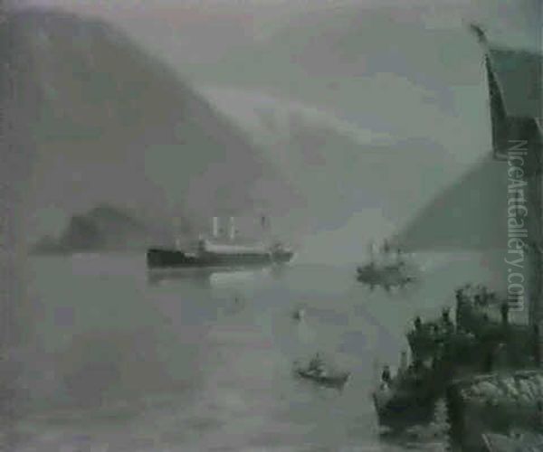 Deutsches Dampfschiff Im Norwegischer Fjord (auguste Viktoria?) Rechts Am Anleger Mehrere Personen... - view 1