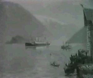 Deutsches Dampfschiff Im Norwegischer Fjord (auguste        Viktoria?) Rechts Am Anleger Mehrere Personen...
