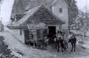 Pferdegespann Vor Der Hufschmiede