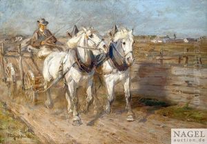 Zwei Schimmel Am Bauernwagen by Friedrich Eckenfelder