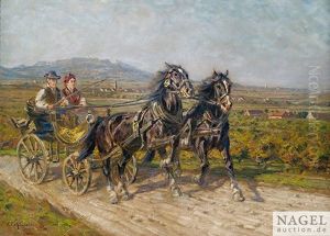 Zwei Rappen Mit Kutsche by Friedrich Eckenfelder