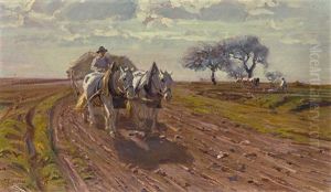 Bauer Mit Zweispannigem Pferdefuhrwerk Auf Dem Feld, Im Hintergrund Bauer Mit Ochsengespann by Friedrich Eckenfelder