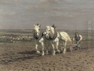 Pflugender Bauer Mit Schimmelgespann In Weiter Landschaft by Friedrich Eckenfelder