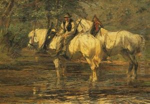 Zwei Schimmel Und Ein Bauer Bei Der Rast Im Dorfweiher by Friedrich Eckenfelder