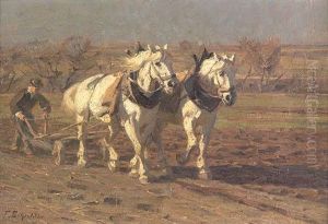 Zwei Schimmel Am Pflug by Friedrich Eckenfelder