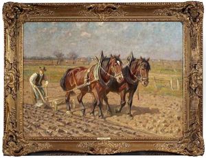 Zwei Pflugende Pferde In Schwabischer Landschaft by Friedrich Eckenfelder