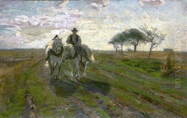 Reitender Bauer Mit Handpferd Auf Einem Feldweg - view 1